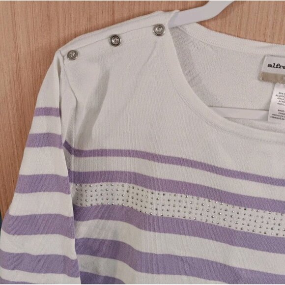 ALFRED DUNNER 2X Pullover Sweater Rhinestones Striped Purple White 3/4 Sleeve - Picture 3 of 6